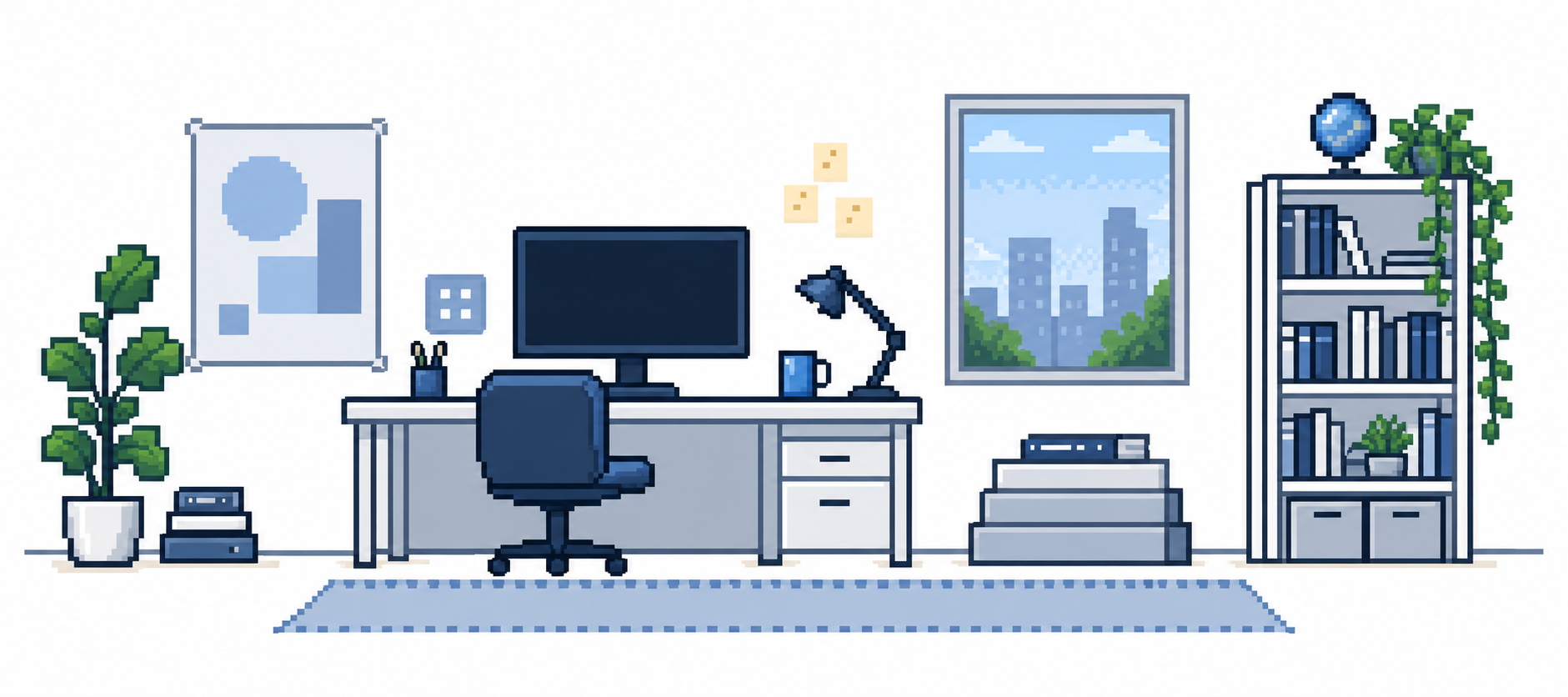 A bright pixel-art office with a desk, blue coffee mug, plants, books, and a window overlooking the city.